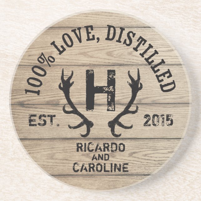 Personalized Wood Bourbon Barrel Wedding Monogram Coaster (Front)