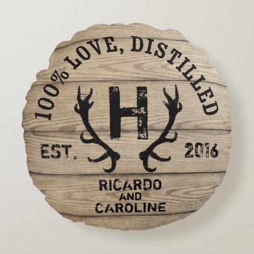 Personalized Wood Bourbon Barrel Wedding Monogram Round Pillow