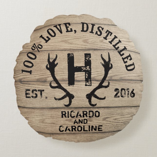 Personalized Wood Bourbon Barrel Wedding Monogram Round Pillow (Front)