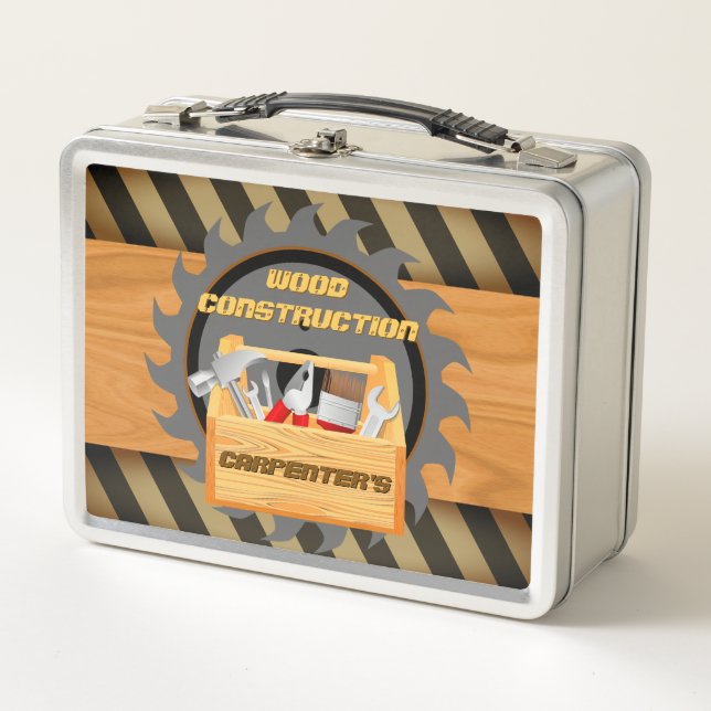 Personalized Wood Construction Carpenter's Metal Lunch Box (Front)