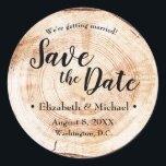 Personalized Wood Cut rustic Wedding Save the date Classic Round Sticker<br><div class="desc">Large round stickers feature a woodcut disc background to give it a rustic feel for your wedding save the dates. A wedding save the date that is memorable. Announce your engagement with this round modern sticker. Elegant typography. Comes in 2 sizes. Find the matching round magnet too.</div>