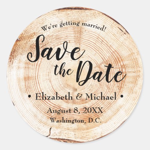 Personalized Wood Cut rustic Wedding Save the date Classic Round Sticker