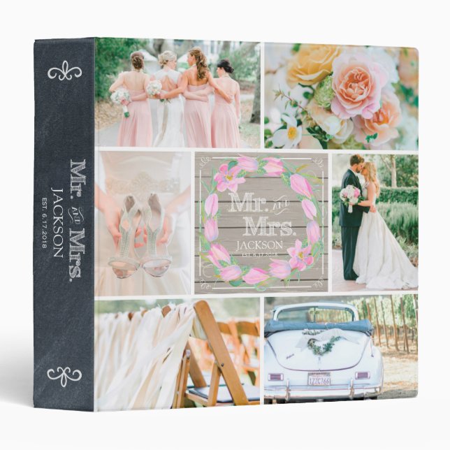 PERSONALIZED WOOD FLORAL 4 WEDDING PHOTO COLLAGE 3 RING BINDER (Front/Spine)