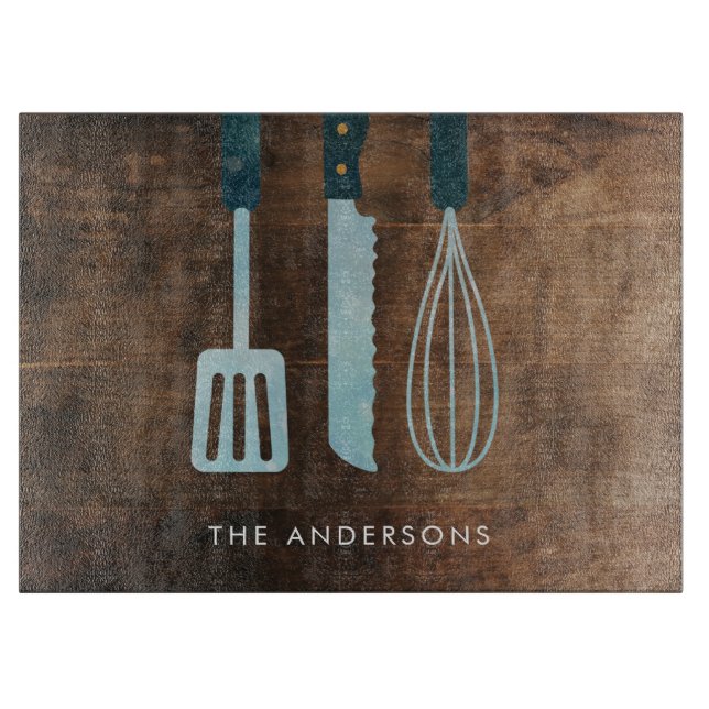 Personalized Wood Kitchen Utensils Family Name Cutting Board (Front)