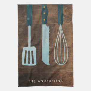 Personalized Wood Kitchen Utensils Family Name Towel