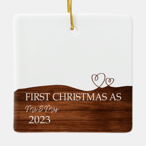 Personalized Wood Mr  Mrs Our First Christmas Ceramic Ornament