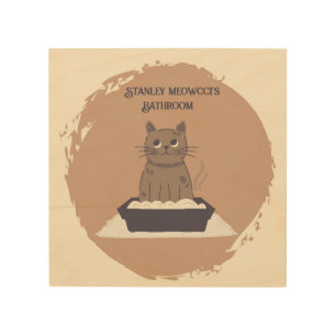 Personalized Wood Print, Cat's Bathroom Wall Art
