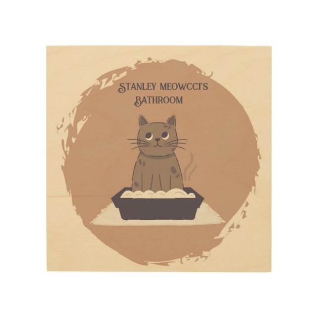 Personalized Wood Print, Cat's Bathroom Wood Wall Art (Front)