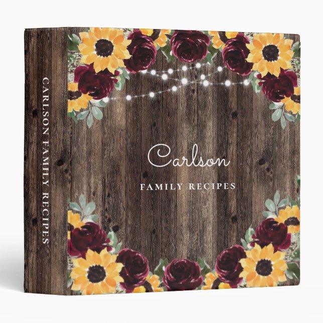 Personalized Wood Sunflower Family Recipe Cookbook 3 Ring Binder (Front/Spine)
