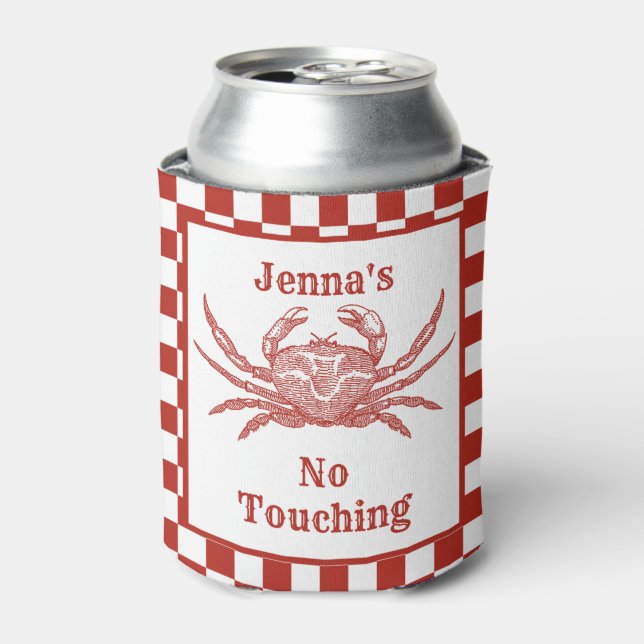 Personalized Woodcut Crab with Checkerboard Can Cooler (Can Front)