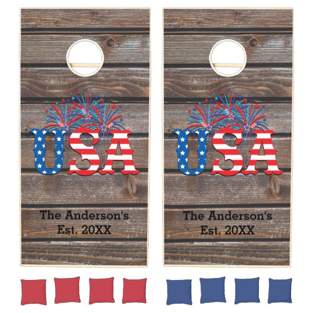 Personalized Wooden Red White Blue USA Fireworks Cornhole Set (Set)