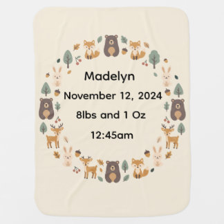 Personalized Woodland Animal Birth Baby Blanket