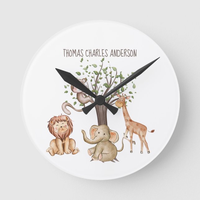 Personalized Woodland Animals Baby Gift Nursery  Round Clock (Front)