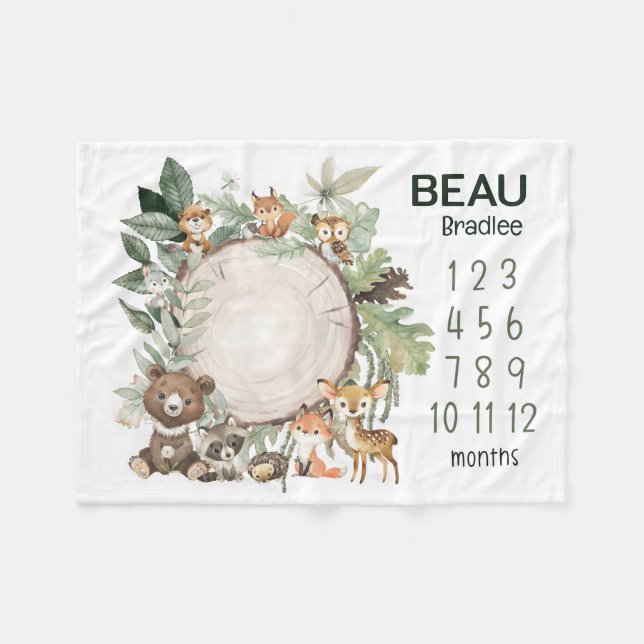 Personalized Woodland Animals Baby Milestone Blank Fleece Blanket (Front (Horizontal))