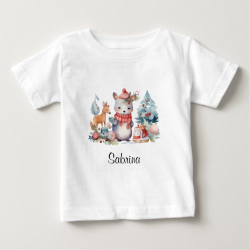 Personalized Woodland Animals Christmas Watercolor Baby T_Shirt