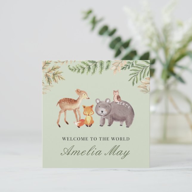 Personalized Woodland Animals New Baby Card (Standing Front)