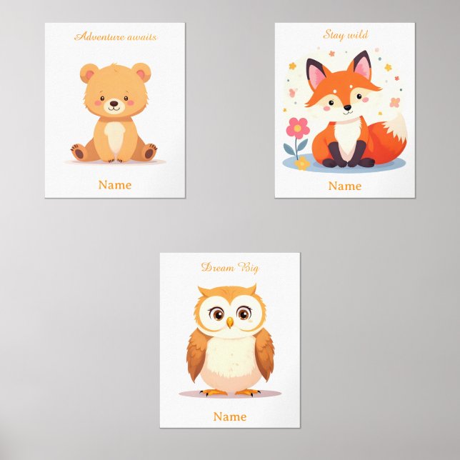 Personalized Woodland Animals Nursery Room Decor Wall Art Sets (Front)