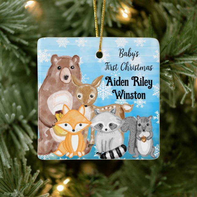 Personalized Woodland Animals Themed Baby's 1st Ceramic Ornament (Tree)