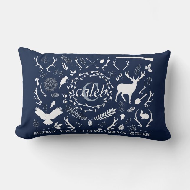 Personalized Woodland Baby Boy Nursery Birth Stats Lumbar Pillow (Front)