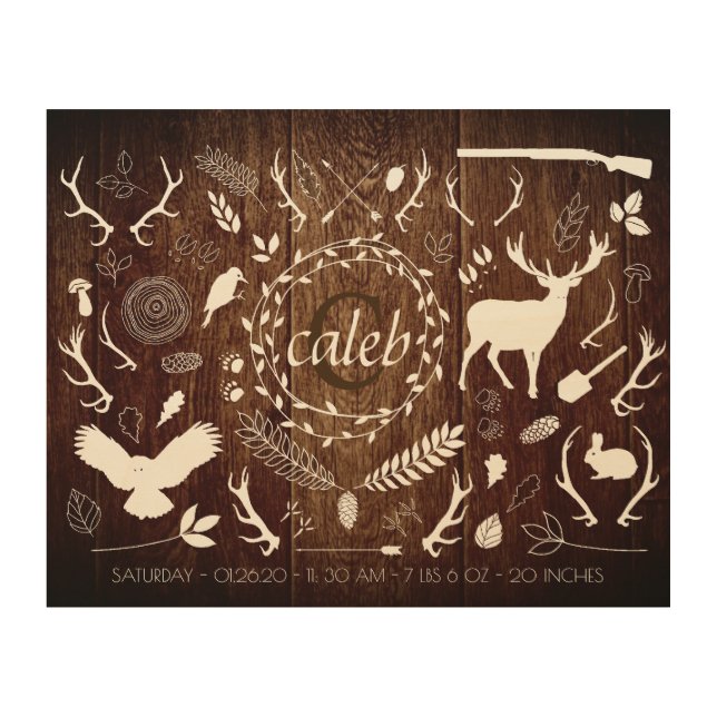 Personalized Woodland Baby Boy Nursery Birth Stats Wood Wall Art (Front)
