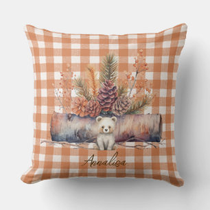 Personalized Woodland Bear Gingham Fall Throw Pillow