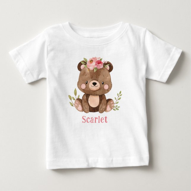 Personalized Woodland Bear Girl Baby Bodysuit (Front)