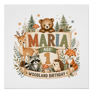 Personalized Woodland Birthday Animals Name and Ag Poster