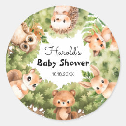 Personalized Woodland Boy Baby Shower Envelope Classic Round Sticker
