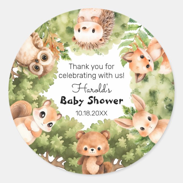 Personalized Woodland Boy Baby Shower Favors Classic Round Sticker (Front)