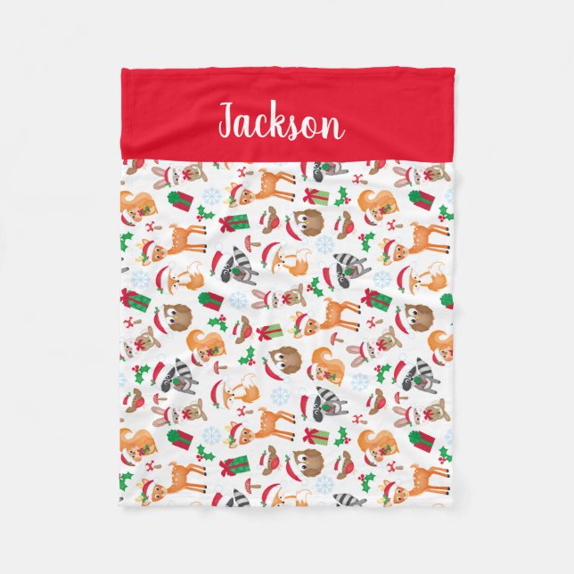 Personalized Woodland Christmas Animals Kids Fleece Blanket (Front)