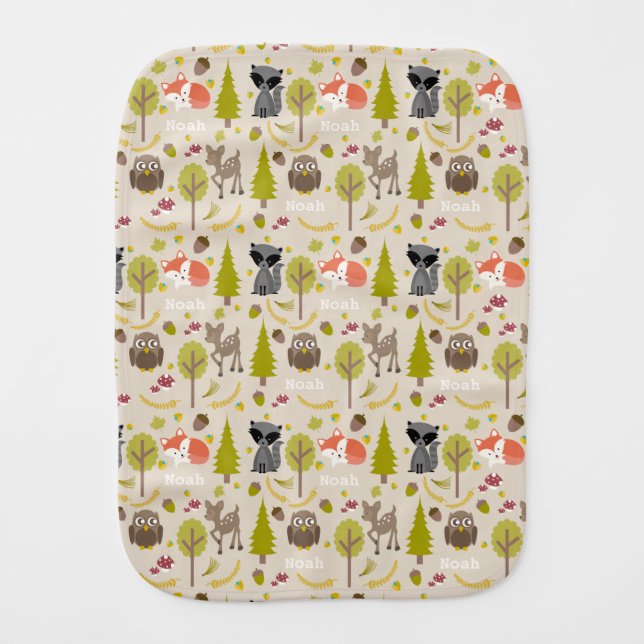 Personalized Woodland Creatures Baby Burp Cloth (Front)