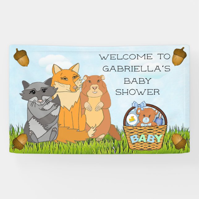 Personalized Woodland Creatures Boy Baby Shower Banner (Horizontal)