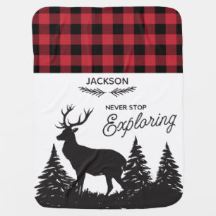 Personalized Woodland Deer Buffalo Plaid Pattern Swaddle Blanket