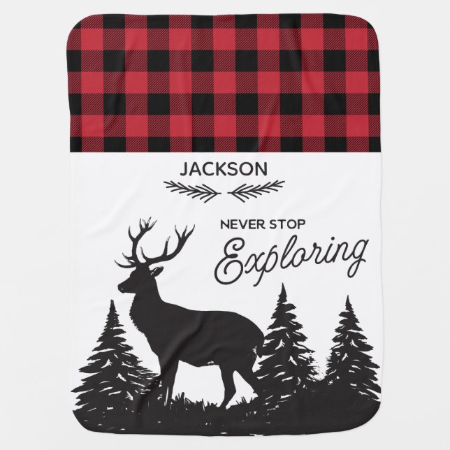Personalized Woodland Deer Buffalo Plaid Pattern Swaddle Blanket (Front)