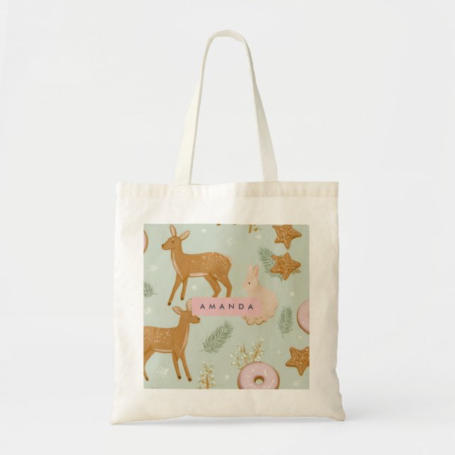 Personalized Woodland Deer & Cookie Pattern Tote Bag (Front)