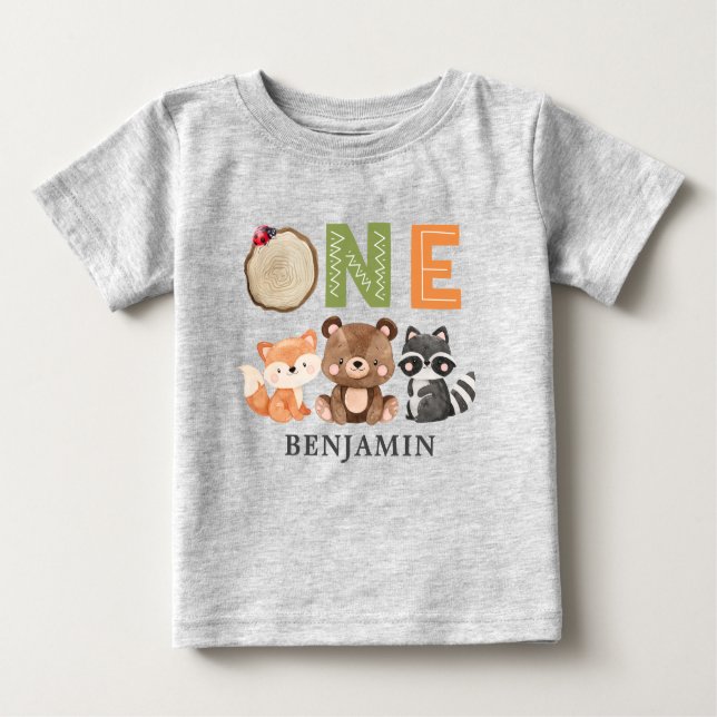 Personalized Woodland First Birthday Baby T-Shirt (Front)