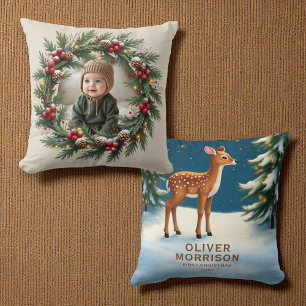 Personalized Woodland First Christmas Baby Deer Throw Pillow