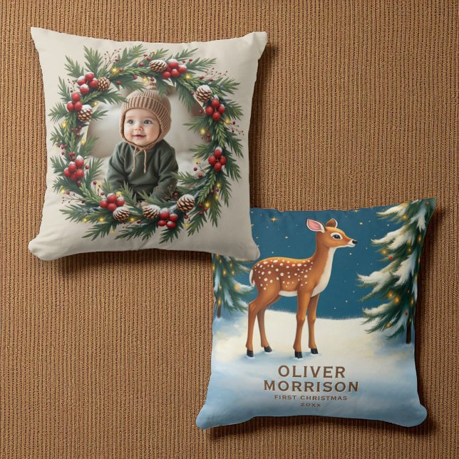 Personalized Woodland First Christmas Baby Deer  Throw Pillow (Creator Uploaded)