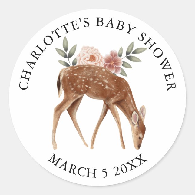 Personalized Woodland Forest Animals Baby Shower Classic Round Sticker (Front)