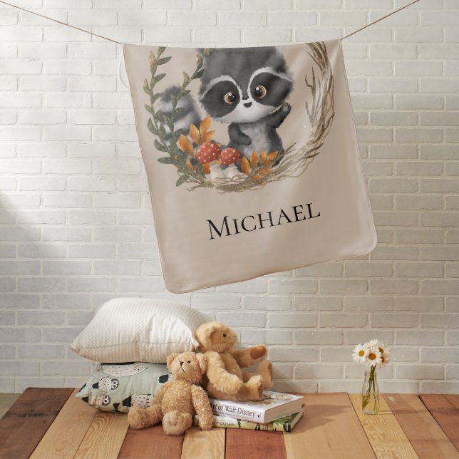 Personalized Woodland Forest Baby Racoon Boy Baby Blanket (In Situ)