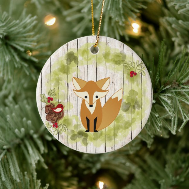Personalized Woodland Fox and Wreath Christmas Ceramic Ornament (Tree)