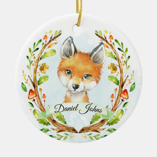 Personalized Woodland Fox Ornament For Baby Boy (Front)