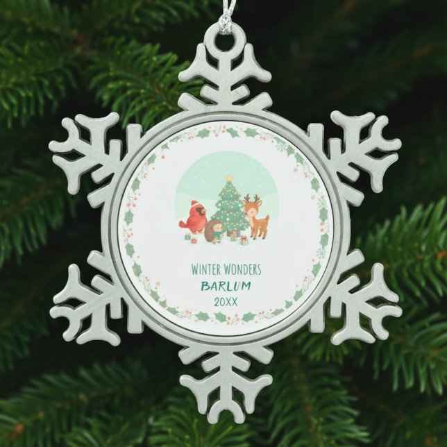 Personalized Woodland Friends  Snowflake Pewter Christmas Ornament (Personalized Woodland Friends Snowflake Pewter Christmas Ornament)