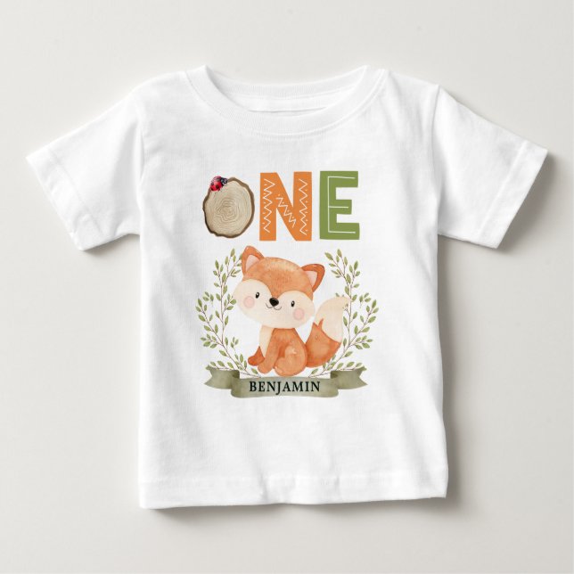 Personalized Woodland Ist Birthday Forest Fox Baby T-Shirt (Front)