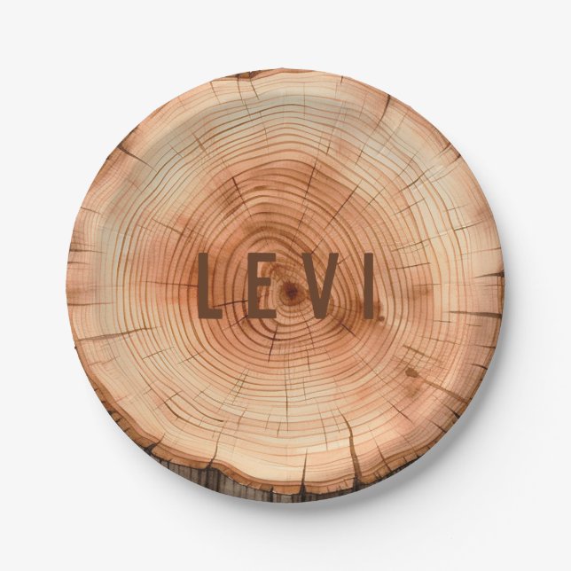Personalized Woodland Rustic Cut Tree Grain Paper Plates (Front)