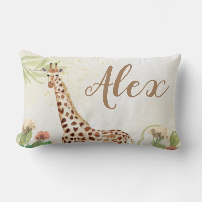 Personalized woodland safari giraffe greenery kids lumbar pillow (Front)