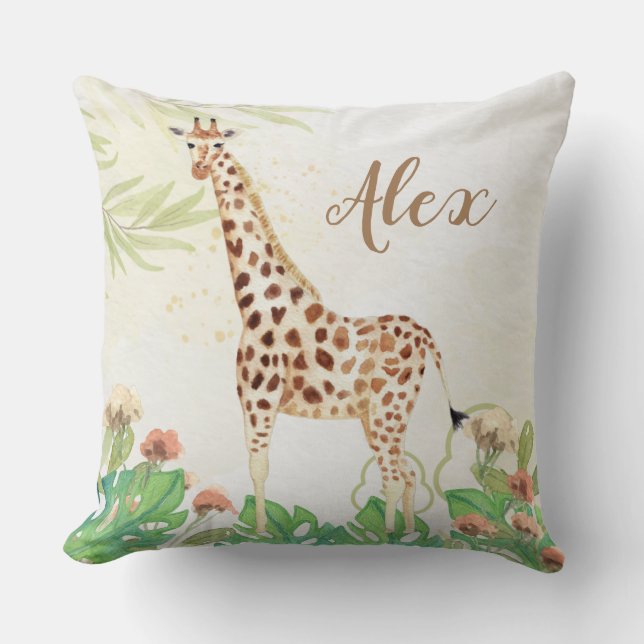 Personalized woodland safari giraffe greenery kids throw pillow (Front)