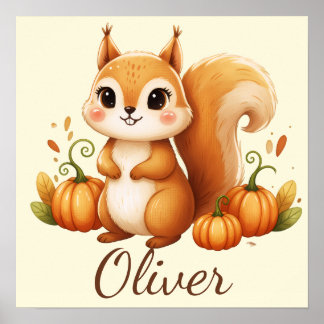 Personalized Woodland Squirrel Nursery Art Poster
