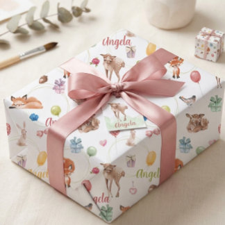 Personalized Woodland Watercolor Party Animals Wrapping Paper