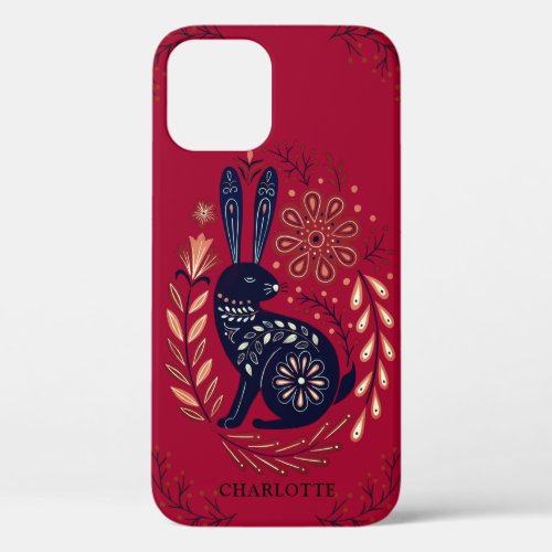 Personalized Woodlands Rabbit Folk Art On Red iPhone 12 Case